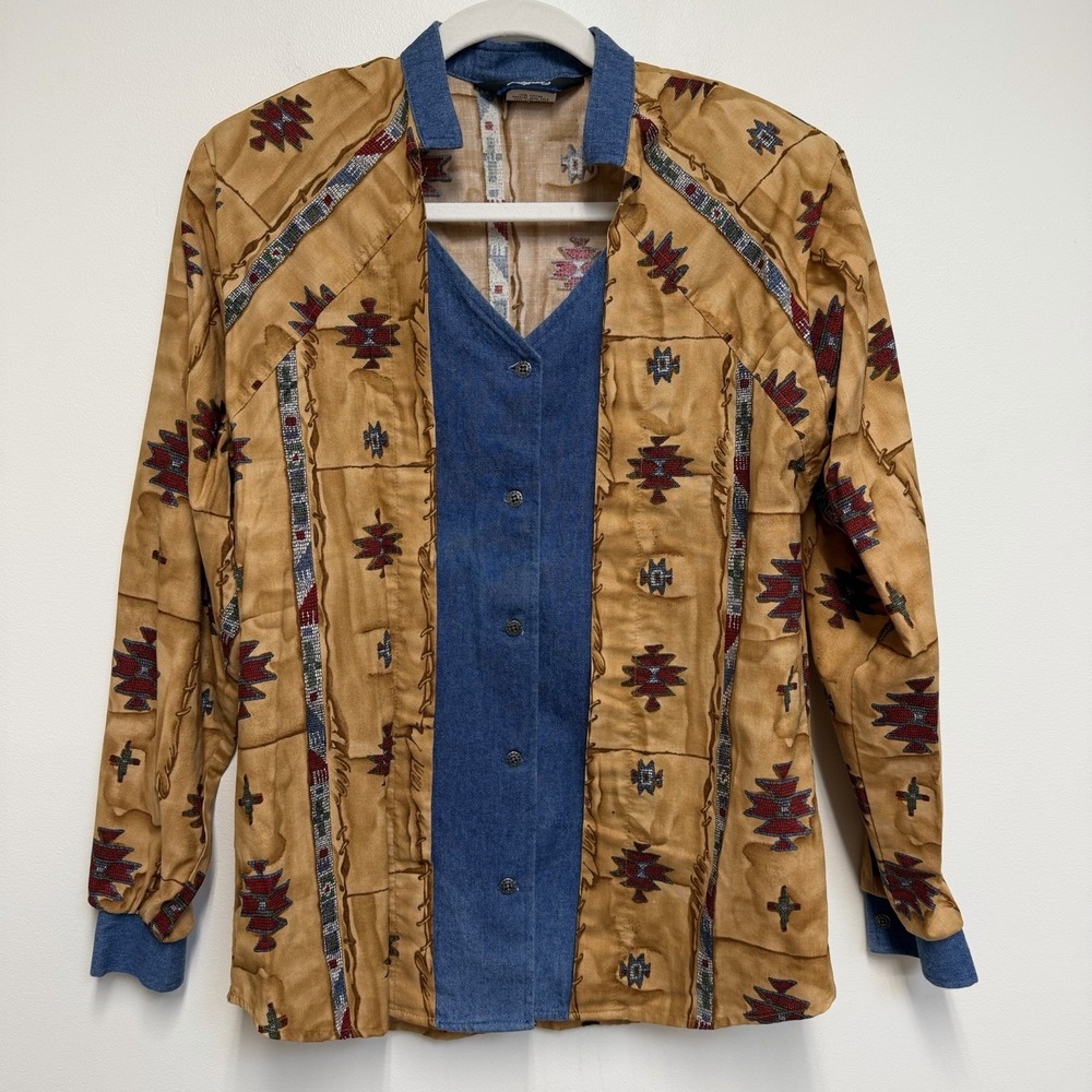 Vintage Roper Western Shirt Women's M Southwest Denim Trim Button Front 80s